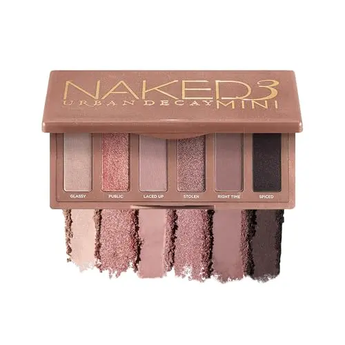 Urban Decay Naked 3 Mini eyeshadow palette open showing six rosy nude shades