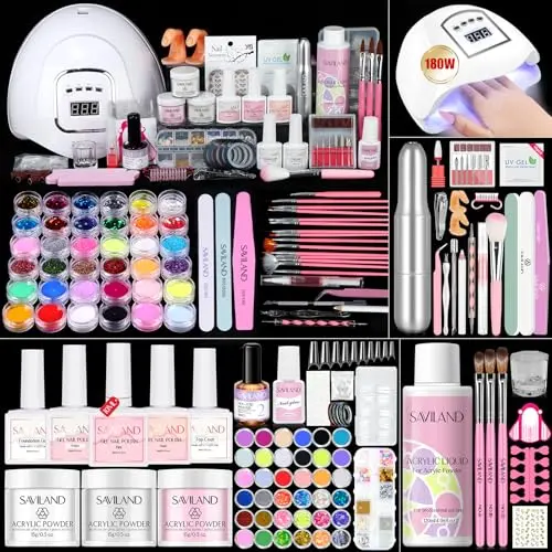 Saviland acrylic nail kit for beginners with 180W high-power lamp and practice fingers