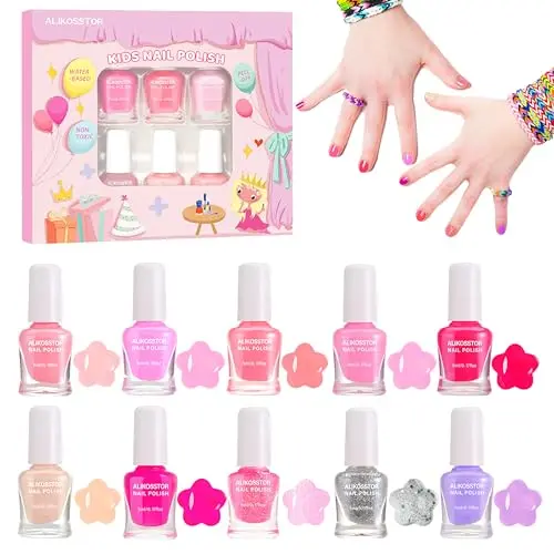 ALIKOSSTOR kids nail polish set with 10 pink and glitter shades