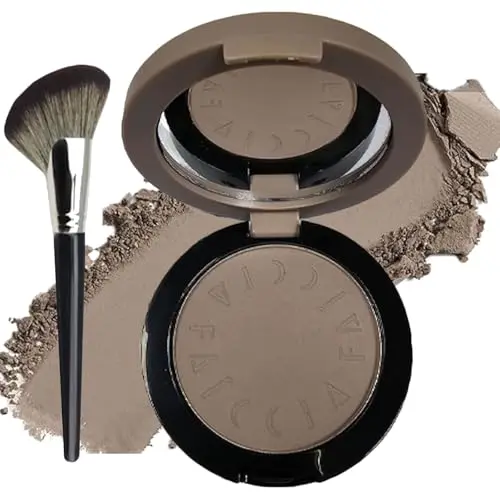 Okerker Cool Toned Contour Palette with mirror and brush, showing grey-taupe powder shades