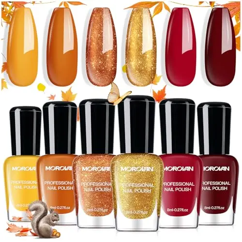 Morovan Fall Nail Polish Set with six bottles including glitter and pumpkin shades